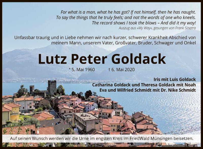  Traueranzeige für Lutz Peter Goldack vom 16.05.2020 aus Reutlinger General-Anzeiger