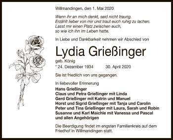 Anzeige von Lydia Grießinger von Reutlinger General-Anzeiger