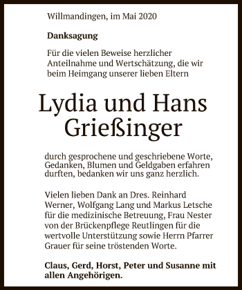 Anzeige von Lydia und Hans Grießinger von Reutlinger General-Anzeiger