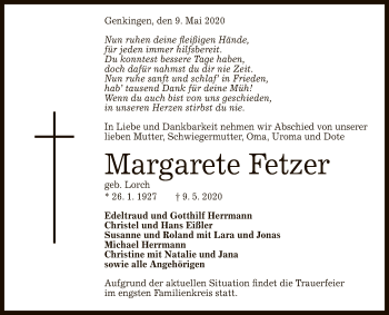 Anzeige von Margarete Fetzer von Reutlinger General-Anzeiger
