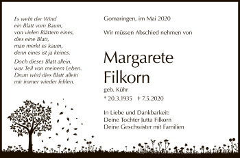 Anzeige von Margarete Filkorn von Reutlinger General-Anzeiger