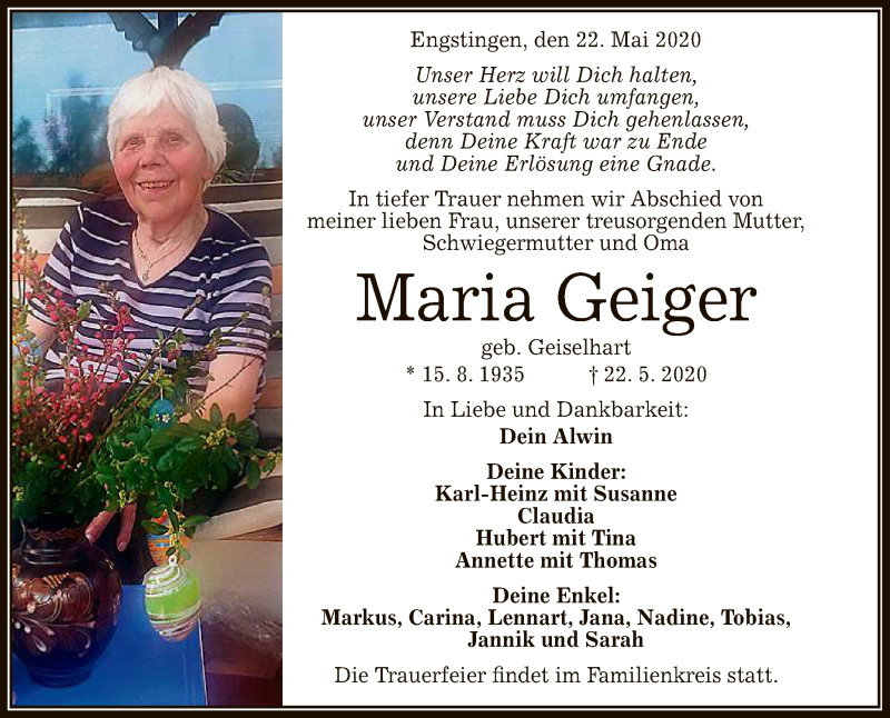  Traueranzeige für Maria Geiger vom 27.05.2020 aus Reutlinger General-Anzeiger
