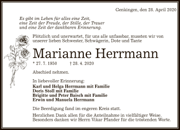 Anzeige von Marianne Herrmann von Reutlinger General-Anzeiger