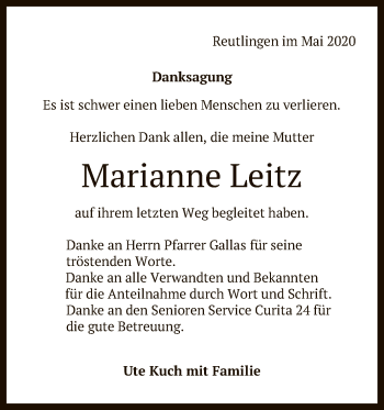 Anzeige von Marianne Leitz von Reutlinger General-Anzeiger