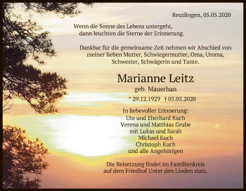 Anzeige von Marianne Leitz von Reutlinger General-Anzeiger