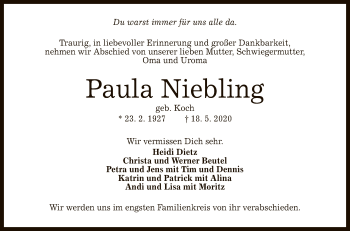 Anzeige von Paula Niebling von Reutlinger General-Anzeiger