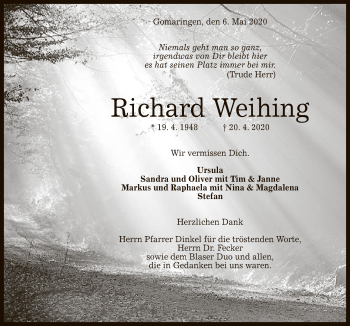 Anzeige von Richard Weihing von Reutlinger General-Anzeiger