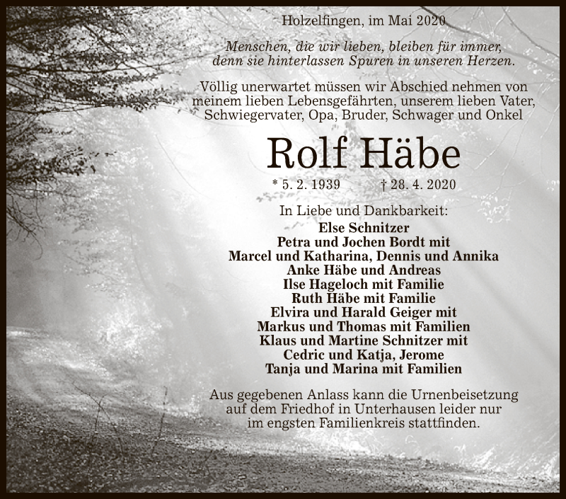  Traueranzeige für Rolf Häbe vom 09.05.2020 aus Reutlinger General-Anzeiger