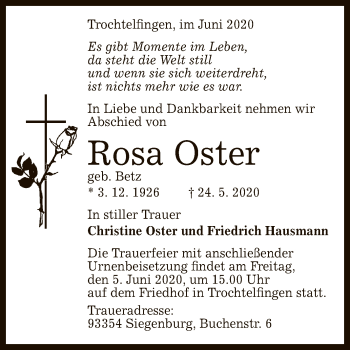 Traueranzeigen von Rosa Oster | trauer.gea.de