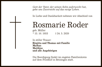 Anzeige von Rosmarie Roder von Reutlinger General-Anzeiger