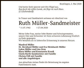 Anzeige von Ruth Müller-Sandmeister von Reutlinger General-Anzeiger