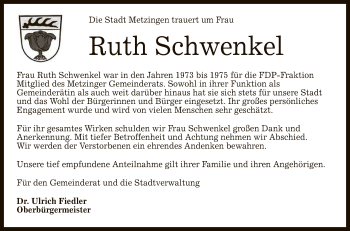 Anzeige von Ruth Schwenkel von Reutlinger General-Anzeiger
