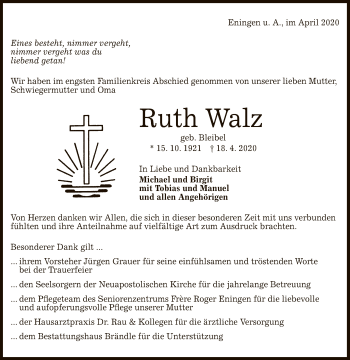 Anzeige von Ruth Walz von Reutlinger General-Anzeiger