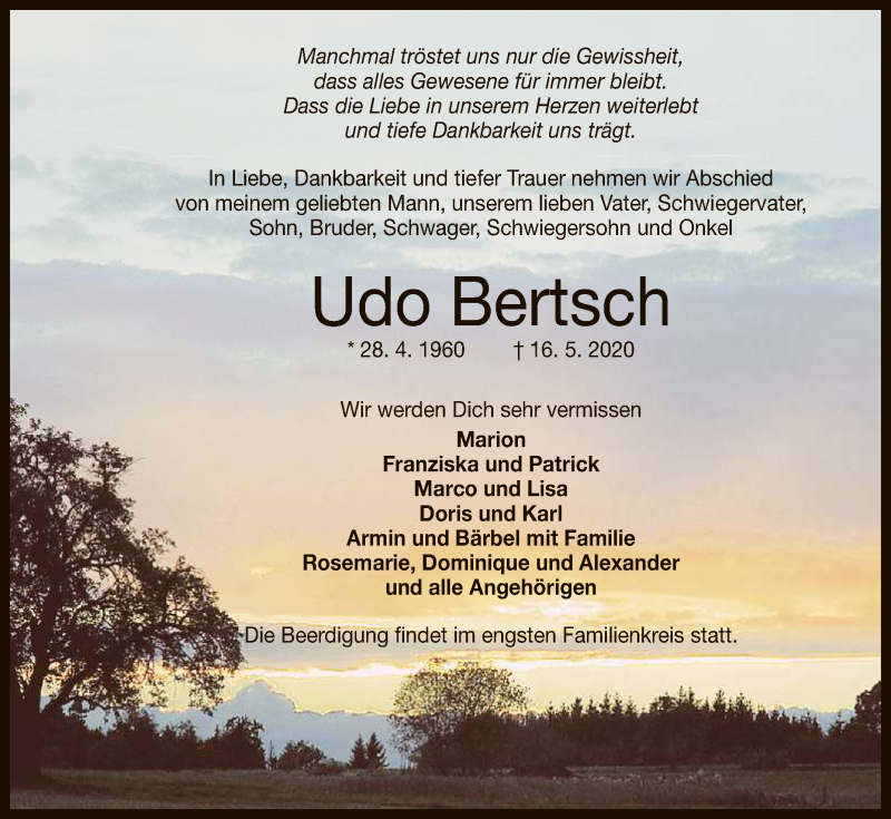  Traueranzeige für Udo Bertsch vom 23.05.2020 aus Reutlinger General-Anzeiger