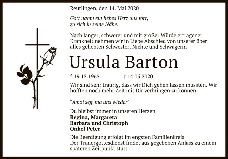  Traueranzeige für Ursula Barton vom 16.05.2020 aus Reutlinger General-Anzeiger