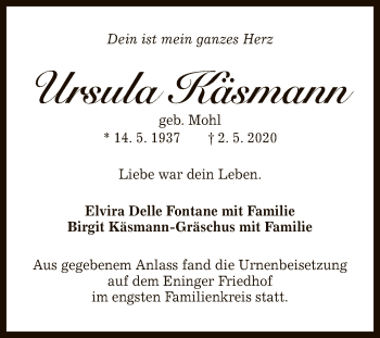 Anzeige von Ursula Käsmann von Reutlinger General-Anzeiger