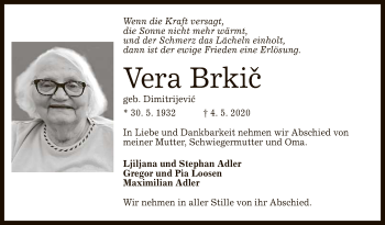 Anzeige von Vera Brkic von Reutlinger General-Anzeiger