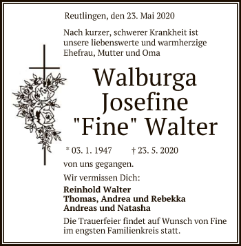 Anzeige von Walburga Josefine Walter von Reutlinger General-Anzeiger