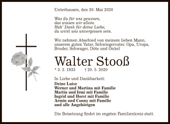 Anzeige von Walter Stooß von Reutlinger General-Anzeiger