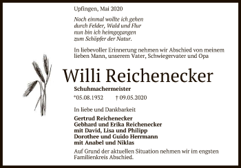 Anzeige von Willi Reichenecker von Reutlinger General-Anzeiger