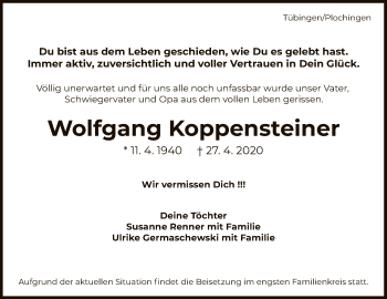 Anzeige von Wolfgang Koppensteiner von Reutlinger General-Anzeiger