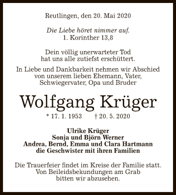 Anzeige von Wolfgang Krüger von Reutlinger General-Anzeiger