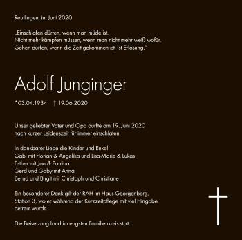 Anzeige von Adolf Junginger von Reutlinger General-Anzeiger