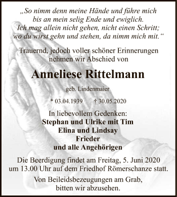 Anzeige von Anneliese Rittelmann von Reutlinger General-Anzeiger