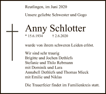 Anzeige von Anny Schlotter von Reutlinger General-Anzeiger