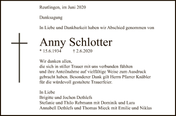 Anzeige von Anny Schlotter von Reutlinger General-Anzeiger
