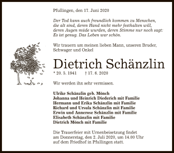 Anzeige von Dietrich Schänzlin von Reutlinger General-Anzeiger