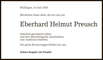 Anzeige von Eberhard Helmut Preusch von Reutlinger General-Anzeiger