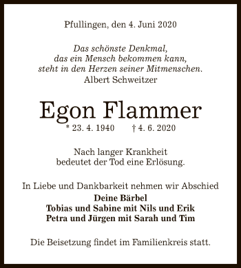 Anzeige von Egon Flammer von Reutlinger General-Anzeiger