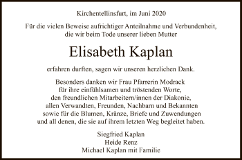 Anzeige von Elisabeth Kaplan von Reutlinger General-Anzeiger