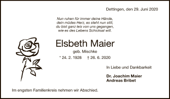 Anzeige von Elsbeth Maier von Reutlinger General-Anzeiger