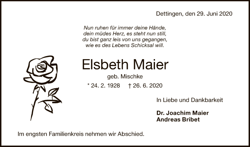  Traueranzeige für Elsbeth Maier vom 29.06.2020 aus Reutlinger General-Anzeiger