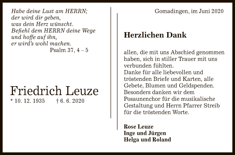  Traueranzeige für Friedrich Leuze vom 20.06.2020 aus Reutlinger General-Anzeiger