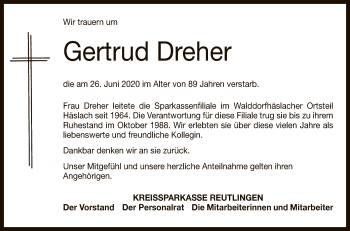 Anzeige von Gertrud Dreher von Reutlinger General-Anzeiger
