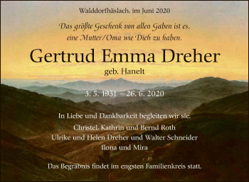 Anzeige von Gertrud Emma Dreher von Reutlinger General-Anzeiger