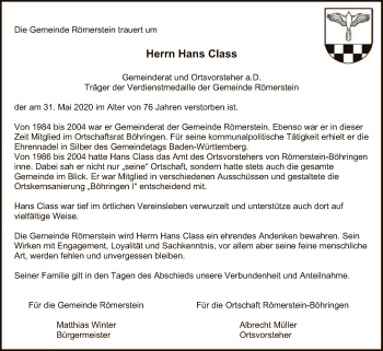 Anzeige von Hans Class von Reutlinger General-Anzeiger