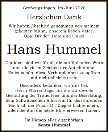 Anzeige von Hans Hummel von Reutlinger General-Anzeiger