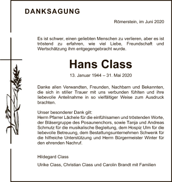 Anzeige von Hans Class Class von Reutlinger General-Anzeiger