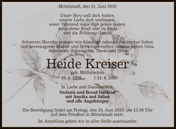 Anzeige von Heide Kreiser von Reutlinger General-Anzeiger