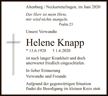 Anzeige von Helene Knapp von Reutlinger General-Anzeiger