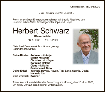 Anzeige von Herbert Schwarz von Reutlinger General-Anzeiger