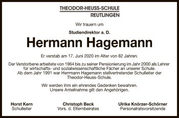 Anzeige von Hermann Hagemann von Reutlinger General-Anzeiger