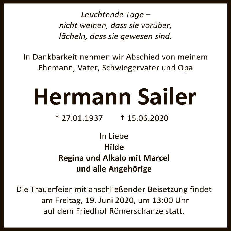  Traueranzeige für Hermann Sailer vom 17.06.2020 aus Reutlinger General-Anzeiger