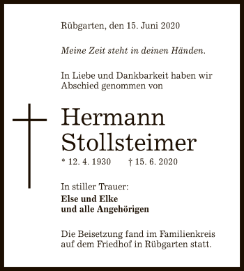 Anzeige von Hermann Stollsteimer von Reutlinger General-Anzeiger