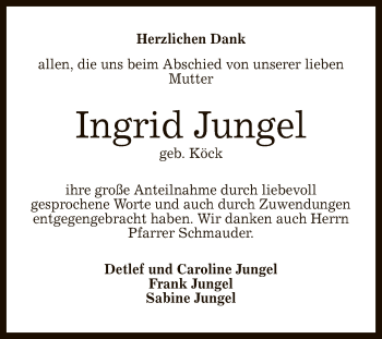 Anzeige von Ingrid Jungel von Reutlinger General-Anzeiger