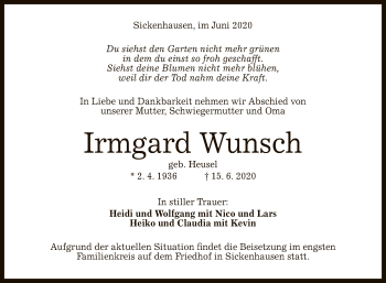 Anzeige von Irmgard Wunsch von Reutlinger General-Anzeiger